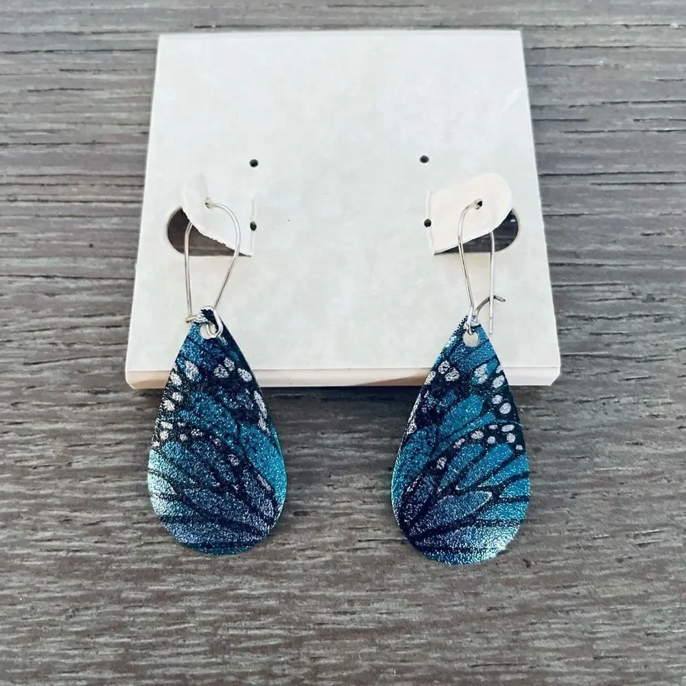 Butterfly Wings Teardrop Metal Blue Earrings